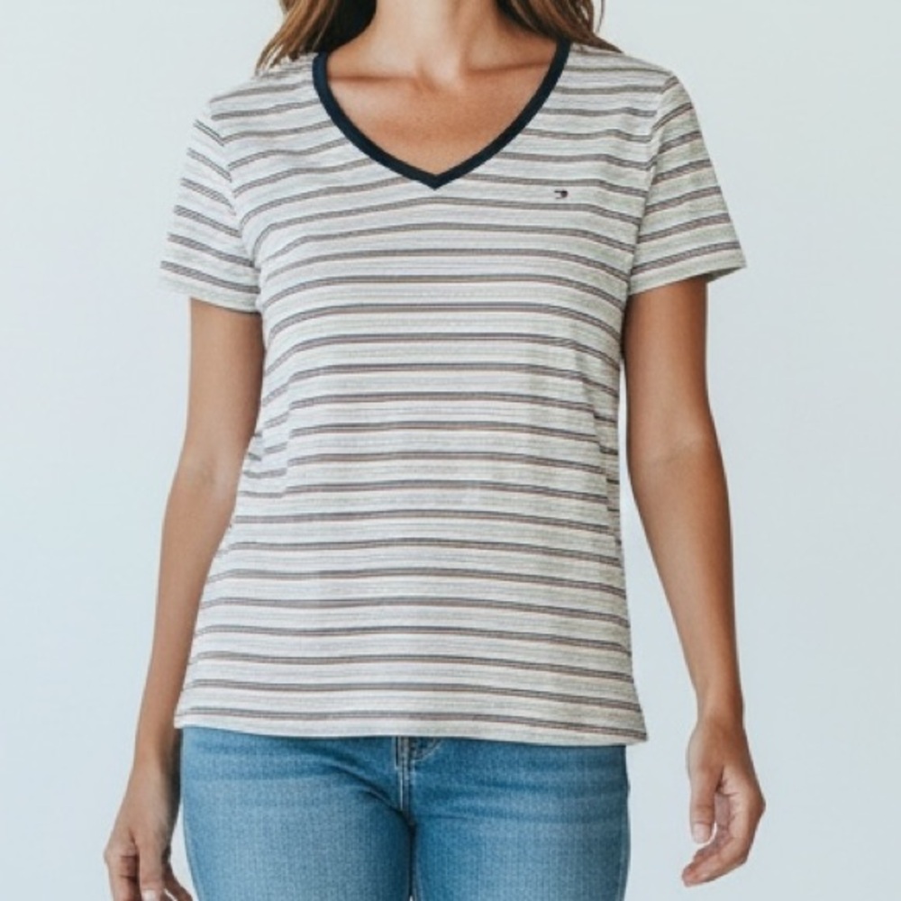 Tommy Hilfiger Women's Short Sleeve Striped Tee - Blue, Red, White